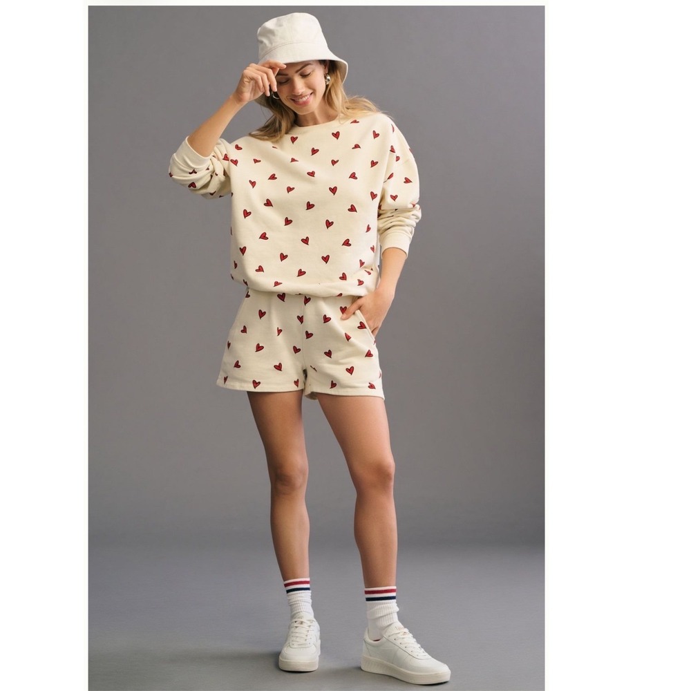 KULE Womens Cream Pink Heart Print Organic Cotton Oversized Sweatshirt XL
